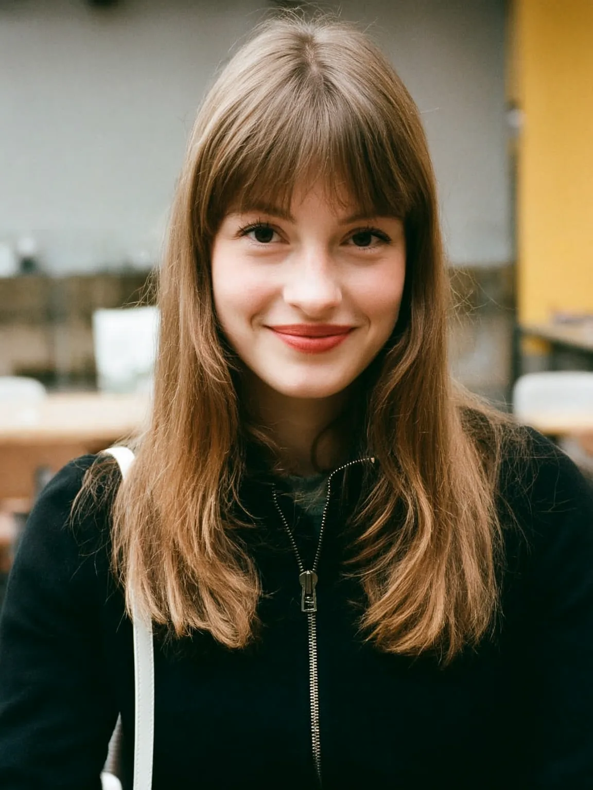 Soft Chestnut Straight Cut with Blunt Bangs